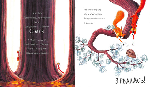 Deux écureuils et une pomme de pin sur une branche